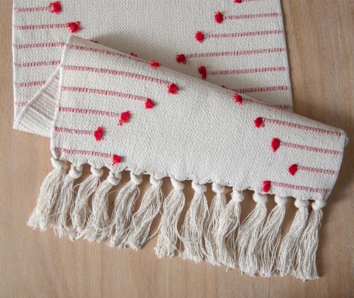 Christmas Table Runner 13 x 90 Inch Cotton Woven with Tassels Red and Beige B398787