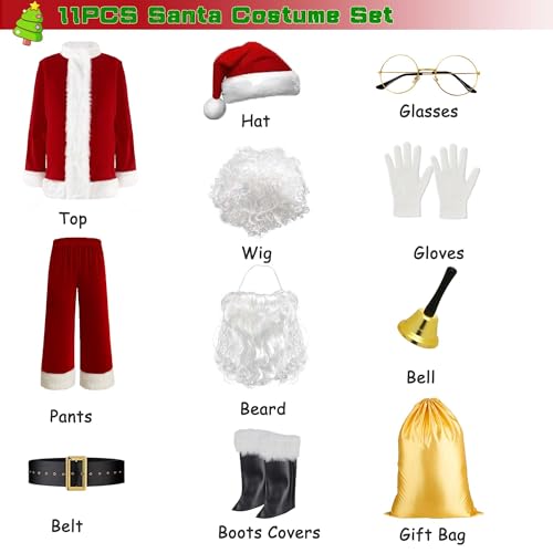 Santa Costume for Men, Christmas Claus Outfit Suit 11Pc L1568