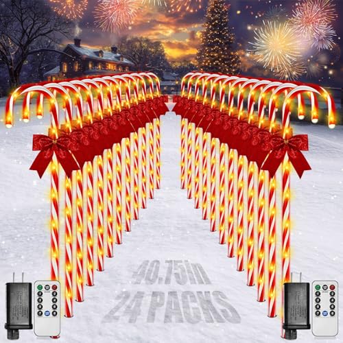 Solar Candy Cane Pathway Lights, 24PCS 240LED Outdoor Christmas Decorations with Remote T5735