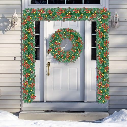 Pre-lit Christmas Garland with LED Lights, Red Flowers and Berries Y488109