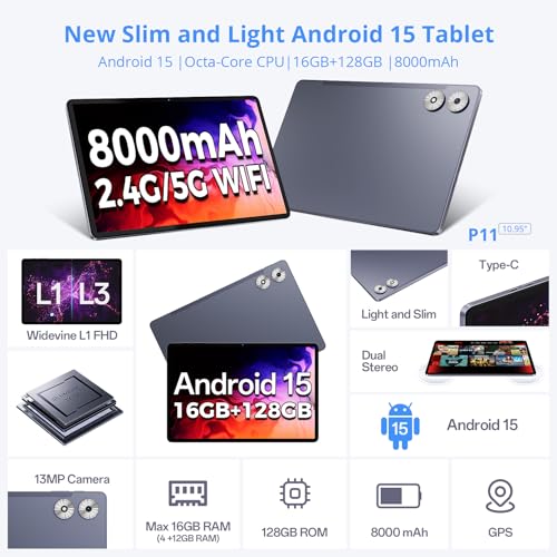 11 Inch 2-in-1 Tablet with Keyboard, 16GB+128GB, Dual Camera, Gray I682