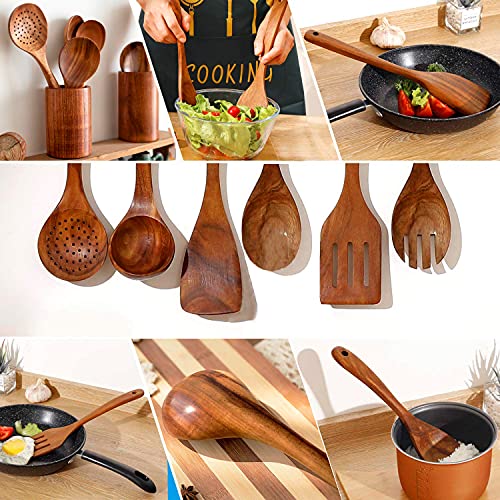 Natural Teak Wooden Spoons for Cooking, 10-Piece Kitchen Utensil Set I607645