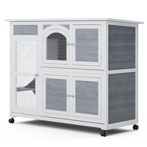 Magshion Rabbit Hutch Outdoor, 47.5" 2 Story Bunny House Cage Indoor on Wheels with 2 Removable Tray Waterproof Roof