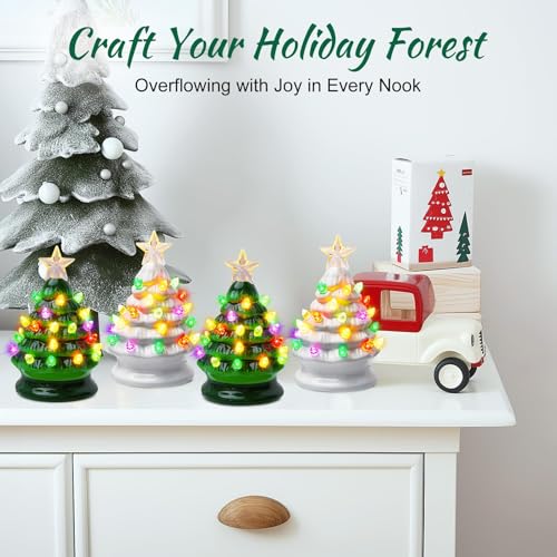 5 Inch Mini Ceramic Christmas Tree Set - 4 Pack Pre-lit Tabletop with Multicolored LED Lights Y881548