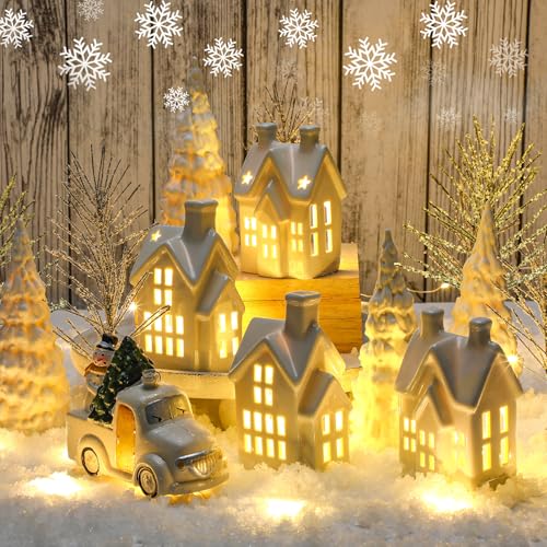Christmas Village Set of 17 with LED Ceramic Houses and Trees F8383