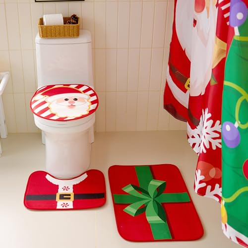 Christmas Bathroom Set with Shower Curtain, Bath Mat, Toilet Cover, Rug & Hooks T26855