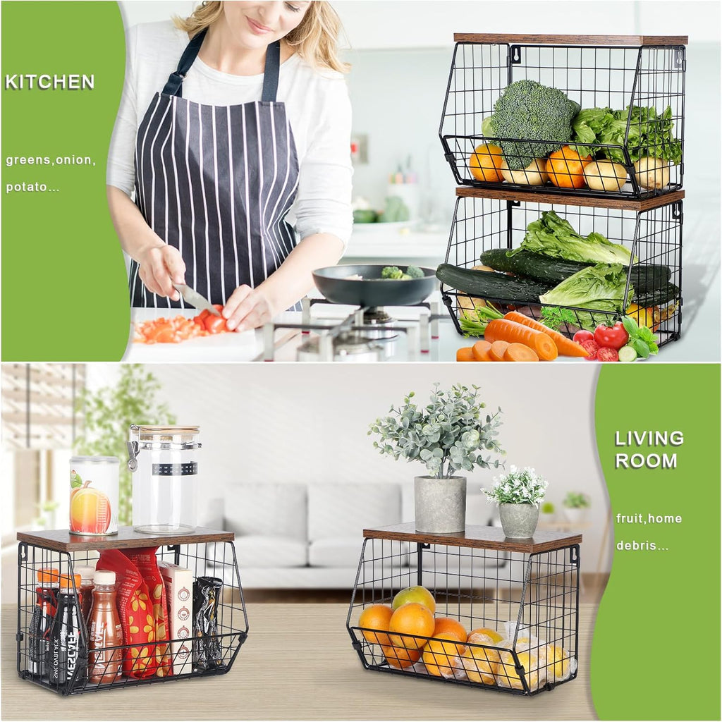 Fruit Basket for Kitchen Counter with Hooks, Stackable Wire Storage T944935