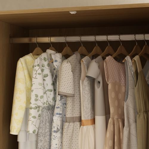 Rattan Door Wardrobe Closet with 2 Drawers and Shelves, Hanging Rod, Oak F827184