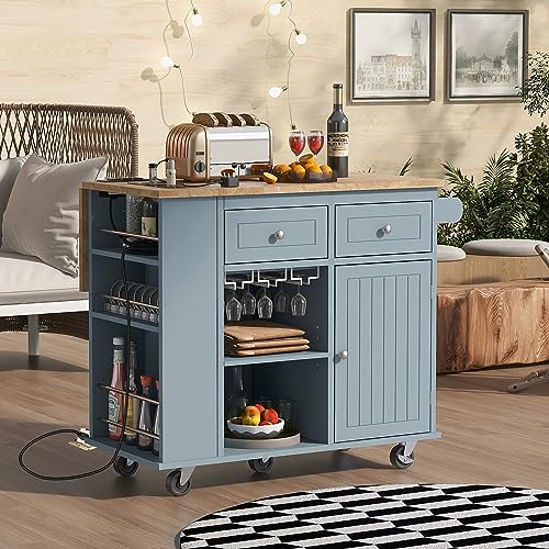 P PURLOVE Wood Kitchen Island Cart with Locking Wheels,Kitchen Storage Island with Wine Rack,Rolling Utility Cart with Storage and Shelf for Dining Room, Home,Bar