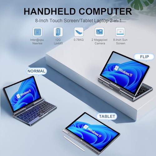 8 inch Mini Laptop HD Touchscreen Portable 2-in-1 Computer, Windows 11 Pro, Intel N100, 12GB RAM, 512GB SSD Q486