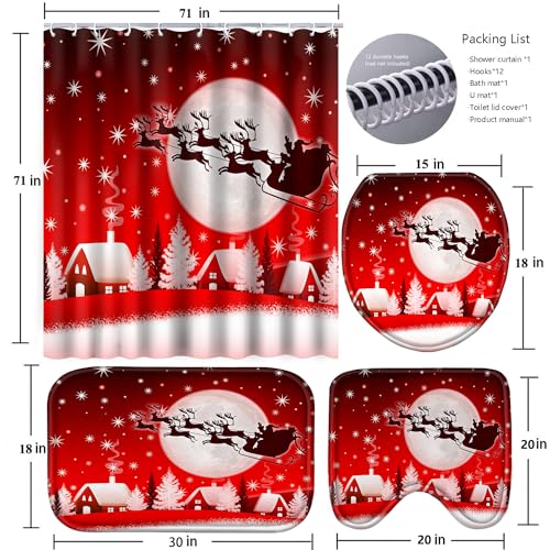 Christmas Bathroom Set with Shower Curtain, Rugs, and Hooks F236