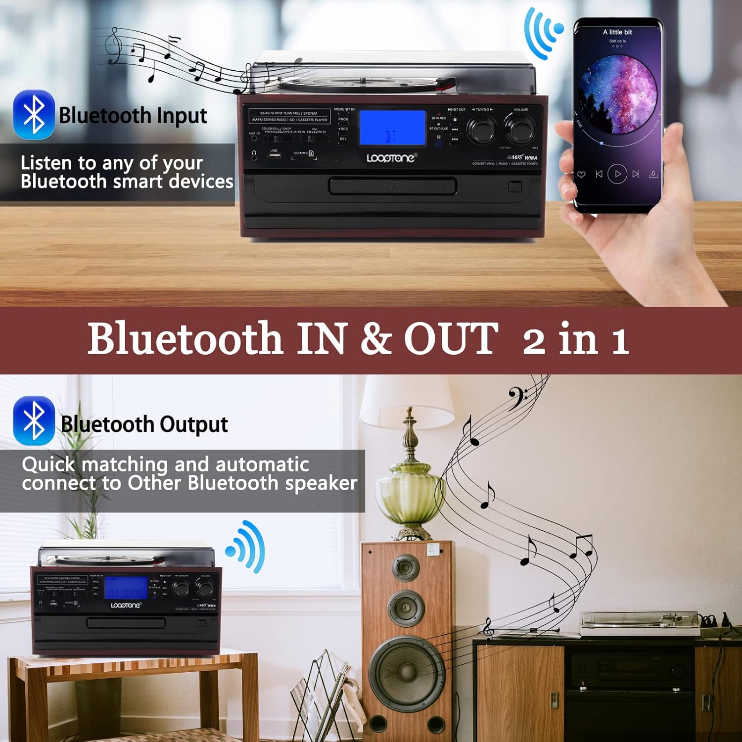 10 in 1 Bluetooth Record Player with Vinyl Turntable, CD, Cassette, AM/FM Radio N5434