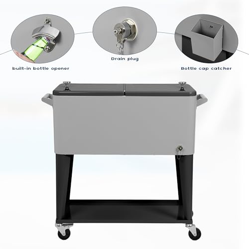 80 Quart Rolling Cooler Cart with Wheels, Portable Ice Chest with Bottle Opener & Shelf O92642