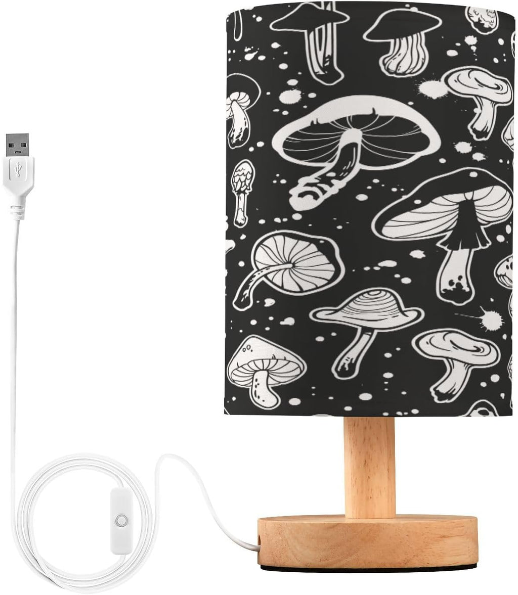 Black White Mushroom Bedside Table Lamp for Bedroom Nightstand, Small Eye Care LED Desk Reading Lamp USB Port Wood Base Round Flaxen Fabric Shade for for Kids Room Living Room Office Desk