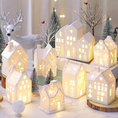 Ceramic Christmas Village Set with LED Houses and Trees X56634