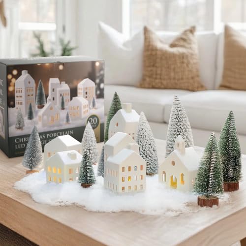 Ceramic Christmas Village Houses with LED Lights and Trees Y18828