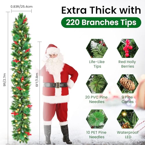 Christmas Garland with Lights, 50 LEDs, 9FT Battery Operated for Indoor Outdoor Decor Y569307