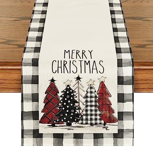 Buffalo Plaid Christmas Trees Table Runner, Winter Holiday Kitchen Dining Decor, 13 x 108 Inch D48516