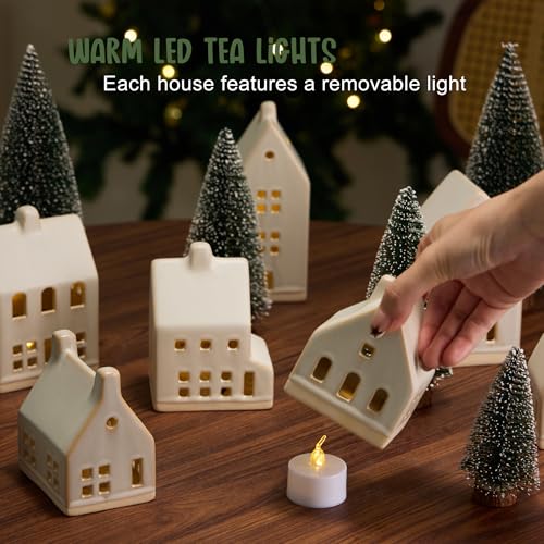 Christmas Village Set with 7 Ceramic Houses, LED Lights and 8 Snow Trees Y449