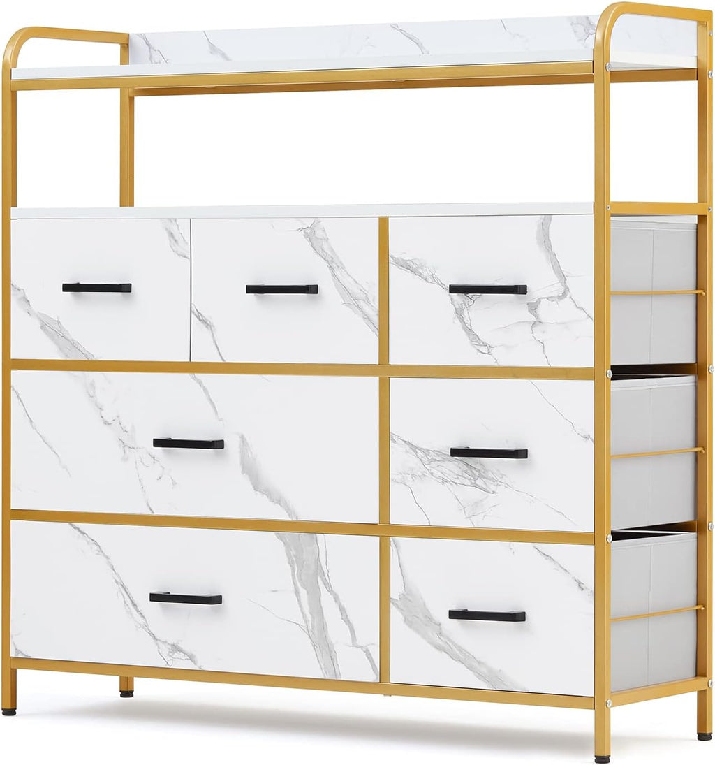LINSY HOME Dresser for Bedroom, White Chest of Drawers with Double Shelf and 7 Drawers, Storage Organizer for Closet, Living Room, Entryway, Sturdy Steel Frame, Wood Top