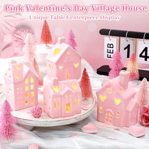 Pink Christmas Ceramic Village Decorations with Lighted Houses and Mini Pine Trees I1734
