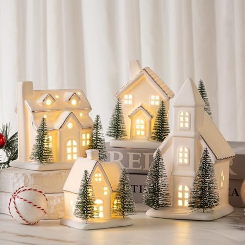 Ceramic Christmas Village Set with LED Lights, Tabletop Decor K751