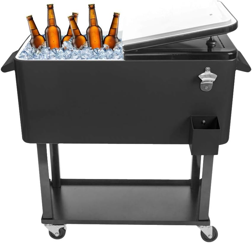 80 Quart Rolling Ice Chest Cooler Cart with Shelf and Bottle Opener L58934