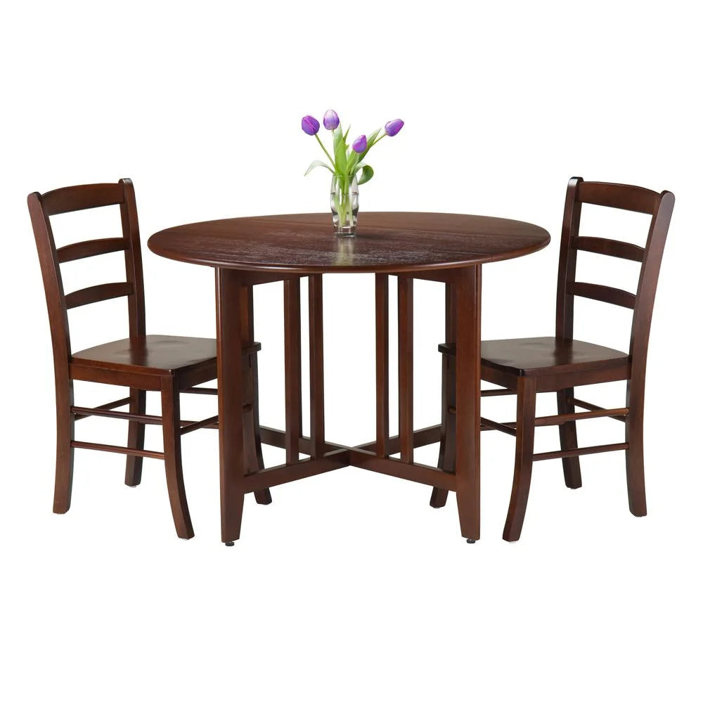 Round Drop Leaf Dining Table with 2 Ladder Back Chairs, Walnut Finish X760