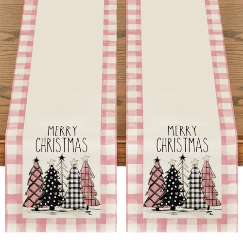 Buffalo Plaid Christmas Trees Table Runner, Winter Holiday Kitchen Dining Decor, 13 x 108 Inch D48516