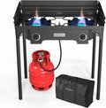 QCAI 2 Burner Outdoor Propane Gas Stove with Windpanel, Carrying Bag & Regulator, 150,000 BTU Stand Cooker for Backyard Cooking Camping Home Brewing Canning Turkey Frying