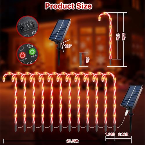 24 Pack Solar Christmas Candy Cane Lights Outdoor Pathway Decorations with 168 Warm Lights H655