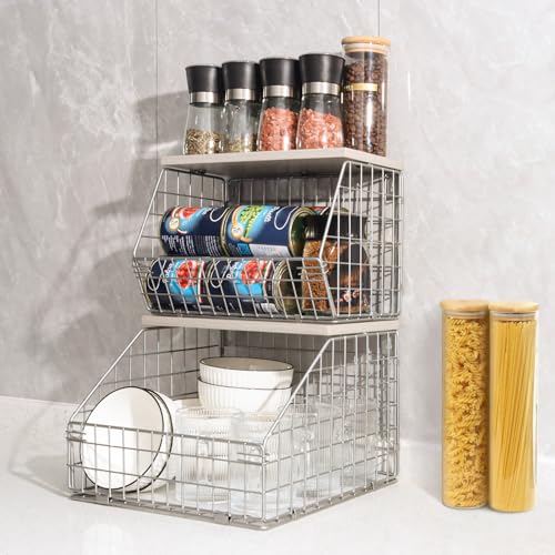 Stackable Wall Mounted Wire Fruit Basket with Wood Lid, 2-Tier Vegetable Organizer for Kitchen M64958