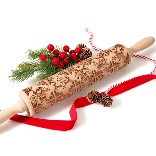 17" Wooden Rolling Pin for Baking with Christmas Embossed Designs, 3mm Deep Cookie Molds, Includes Cleaning Brush L8431