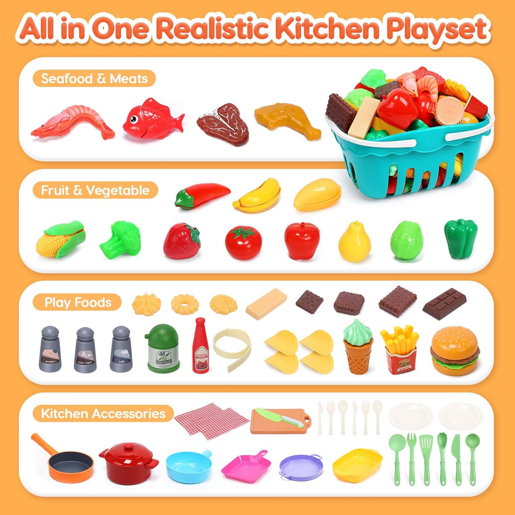 Play Sink with Running Water, Kitchen Sink Toys with Electric Faucet, Kids Pots and Pans Set with Play Food and Storage Basket C7518