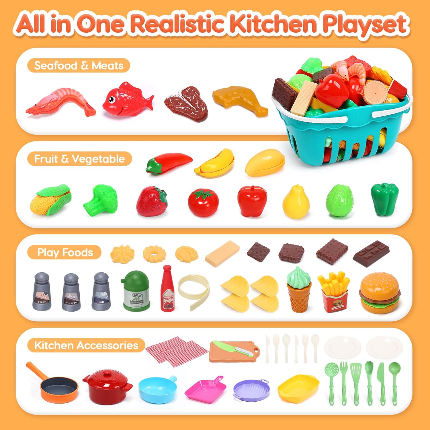 Play Sink with Running Water, Kitchen Sink Toys with Electric Faucet, Kids Pots and Pans Set with Play Food and Storage Basket C7518