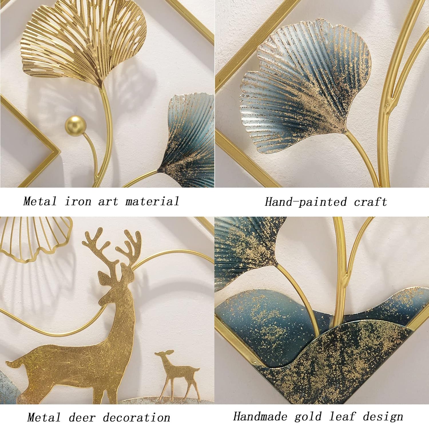 Metal Wall Art Gold Deer 3 Piece Large 3D Ginkgo Leaf Decor X307765