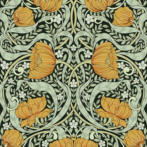 Abyssaly Mid Century Peel and Stick Wallpaper, Bird William Morris Vintage Floral Wallpaper, Green Wall Murals, Removable Pre-Pasted Floral Contact Paper for Bedroom Wall 17.7in x 9.8ft