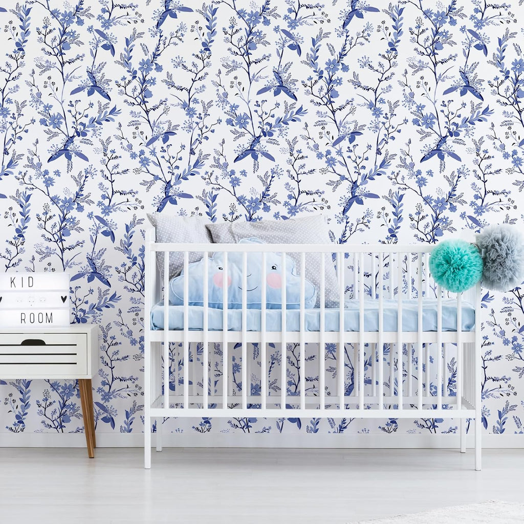 Blue Botanical Floral Peel and Stick Wallpaper for Bedroom Walls Z603