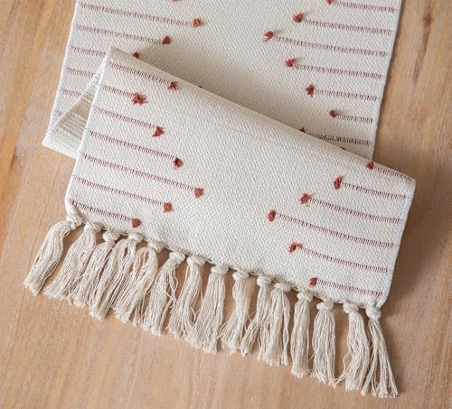 Christmas Table Runner 13 x 90 Inch Cotton Woven with Tassels Red and Beige B398787