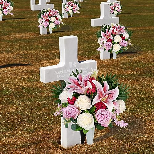 Artificial Cemetery Flowers for Grave Vase, Silk Lily and Rose Arrangement V976894