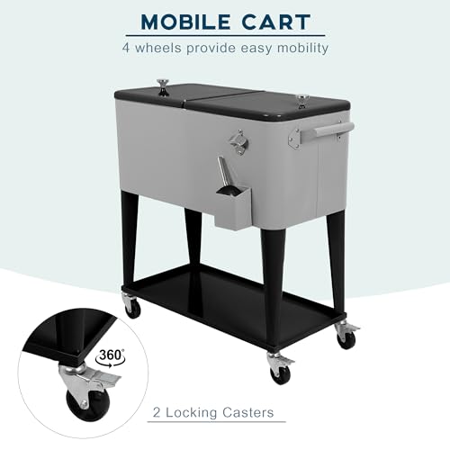 80 Quart Rolling Cooler Cart with Wheels, Portable Ice Chest with Bottle Opener & Shelf O92642