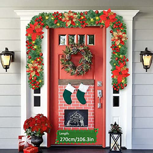 Pre-lit Christmas Garland with LED Lights, Red Flowers and Berries Y488109
