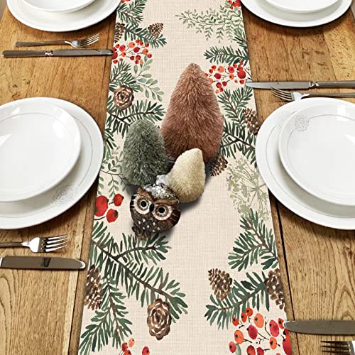 Winter Pine Cone Needle Branch Berry Table Runner, Watercolor Botanical Tabletop Scarf, Christmas Farmhouse Holiday Dining Decoration O823579