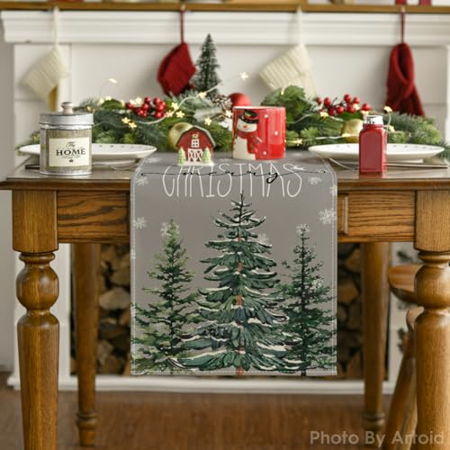 Beige Pine Tree Snowflake Christmas Table Runner, Winter Holiday Kitchen Dining Decoration, 13 x 72 Inch B27382