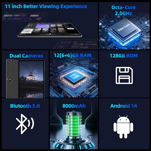 Android 14 Tablet 11 inch, Octa-Core CPU, 12GB+128GB, 8000mAh Battery T877