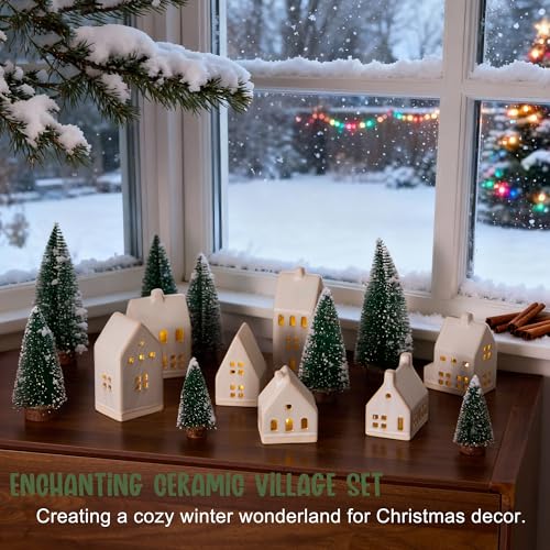 Christmas Village Set with 7 Ceramic Houses, LED Lights and 8 Snow Trees Y449