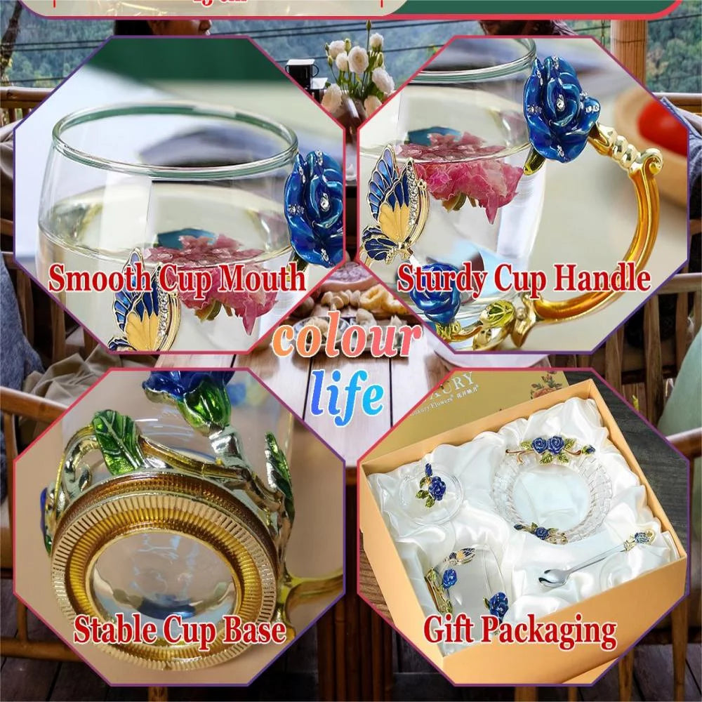 Vintage Enamel Glass Tea Cup with Lid, Coaster and Spoon, 320ml Q596276
