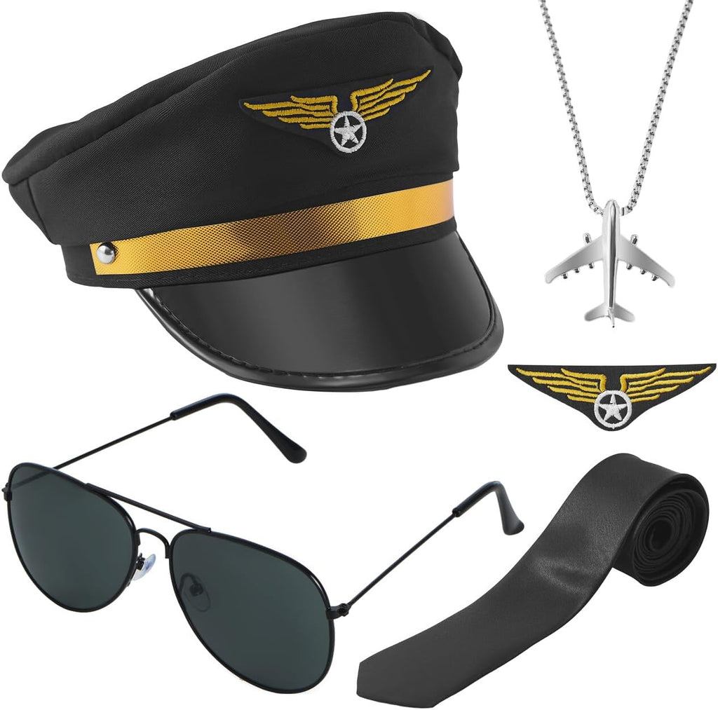 Spooktacular Creations Airline Pilot Captain Costume Kit, 5 PCS Pilot Dress up Accessory Set with Sunglasses, Tie, Pilot Hat, Wings Patch and Necklace for Halloween Pilot Themed Dress Up Party