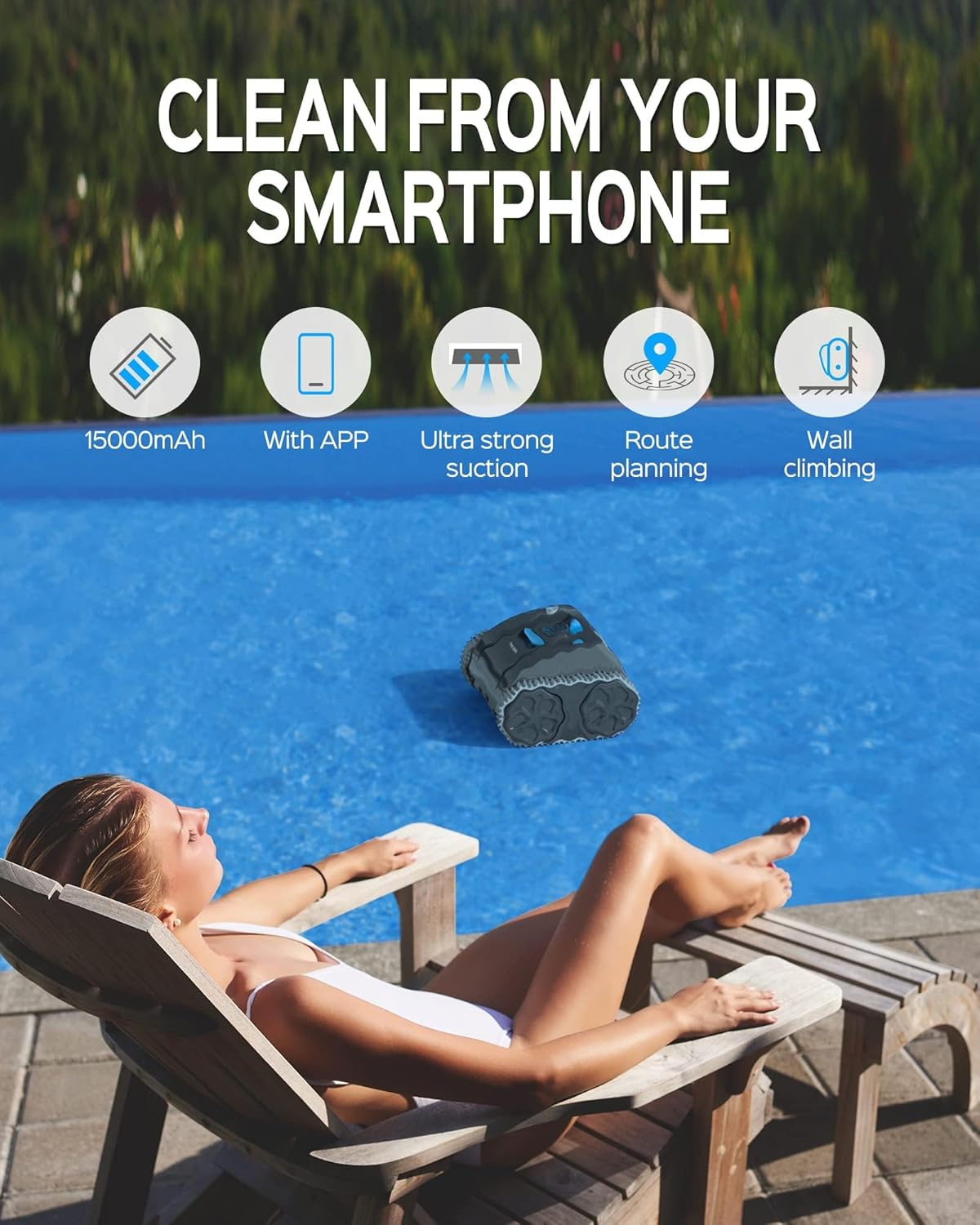 Wall Climbing Robotic Pool Cleaner with APP, Smart Navigation, 15000mAh Battery, for Inground Pools Y5208