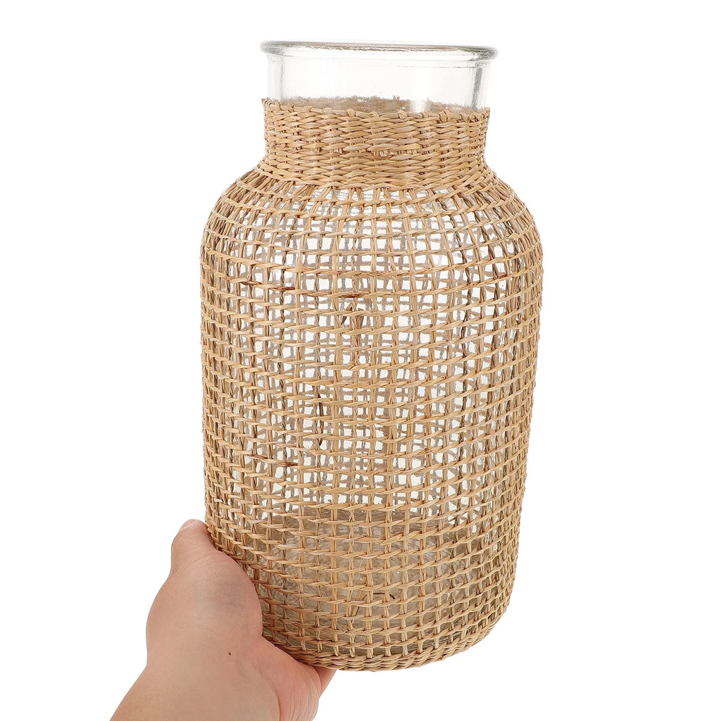 Rattan Glass Vase Flower Pot Centerpiece M5394